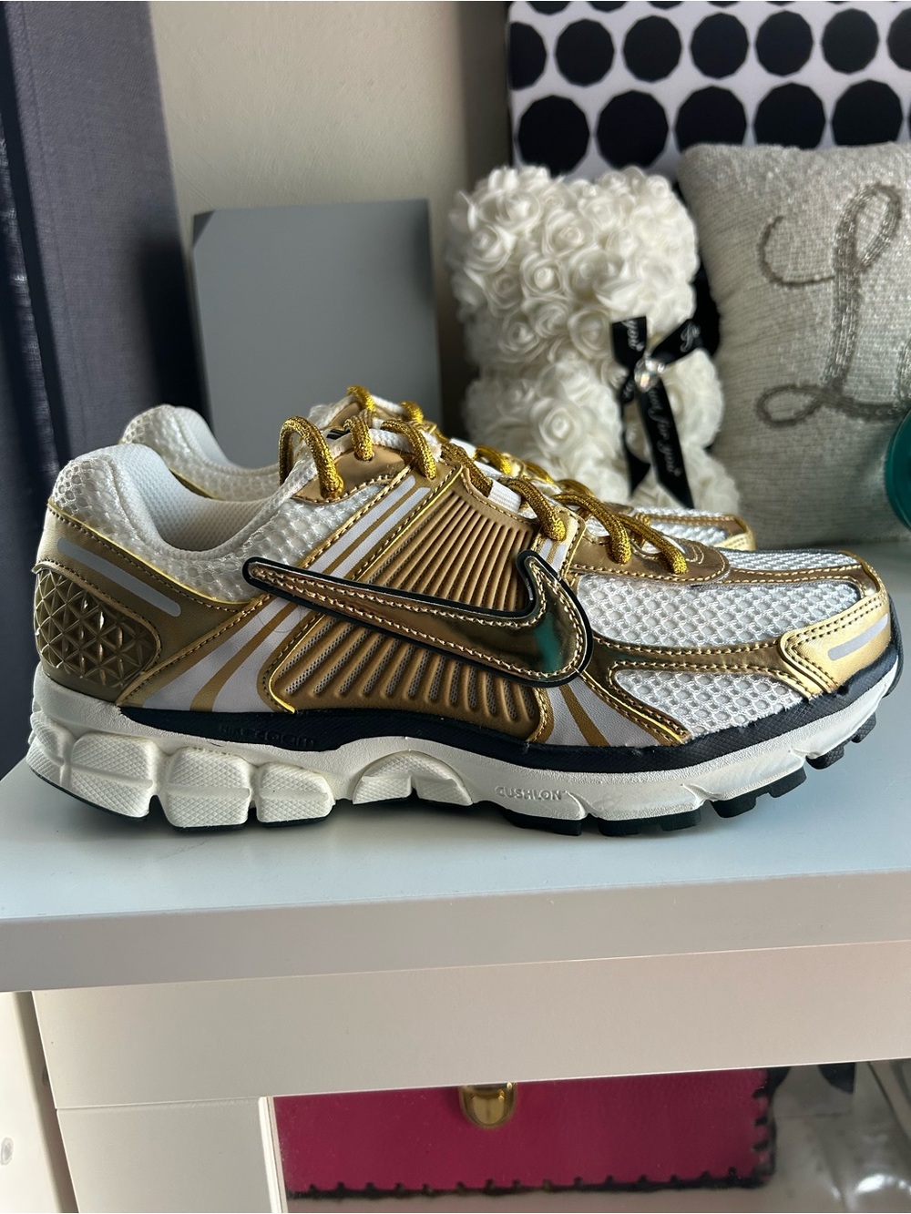 Nike Zoom Vomero 5 Women White and Gold Athletic Sneakers
